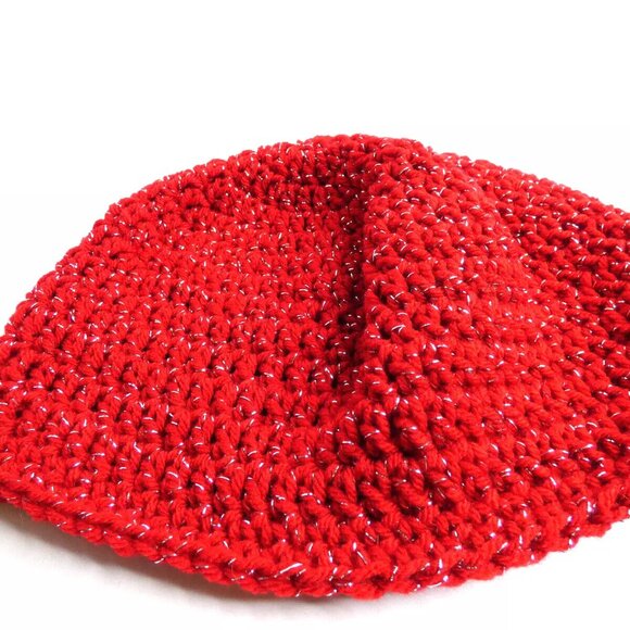 Red Beanie Skull Cap Gold Men Women Winter Hat Handmade Crochet Hand Knit OS - Picture 8 of 8